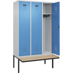 kaiserkraft | Spind Evolo Plus Sitzbank | 3 Abteile | lichtgrau/lichtblau | B 1200 mm | Zylinderschloss | mit auskragender Sitzbank | Buche