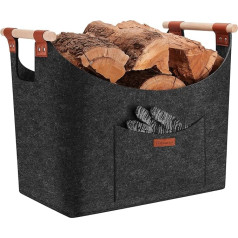 Eurhomewit Felt Wood Basket for Firewood, XXL Firewood Basket, Felt Basket, Extra Thick Felt, Firewood Basket with Non-Slip Wooden Handle, Firewood Basket, Foldable Wood Basket, Felt Bag for Shopping, Wood,