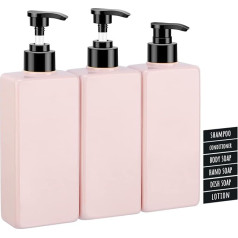 Segbeauty Lotion Dispenser Square Soap Dispenser Pack of 3 400 ml for Shampoo Soap Liquid Soap Refillable Empty Plastic Pump Bottles with Labels for Kitchen Bathroom Pink