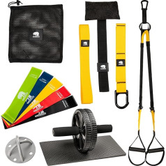 Complete set for suspension training with sling trainer for home (including ceiling bracket), abdominal roller abdominal trainer and fitness bands set. Ab roller, rubber bands and sling trainer