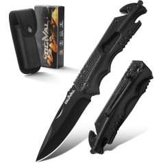 Ogival Folding Knife (Two-Handed Knife), Pocket Knife with Stainless Steel Handle and Pocket Clip, 5-in-1 Edc Knife with Nylon Sheath, for Outdoors, Camping, Fishing, Hunting, Black