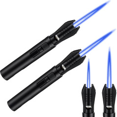 Pack of 2 Windproof Lighters, 13.6 cm Refillable Jet Flame Gas Lighter, Adjustable Windproof Long Stick Lighter, Mini Lighter with Straight Flame for Barbecue, Kitchen, Camping (without Gas) (Black)