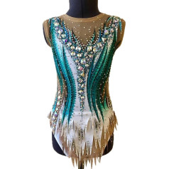 JRUIA Rhythmic Gymnastics Jerseys Green Print Diamond Sleeveless Competition Stage Performance for Girls Figure Skating Dress Ice Clothing for Women Handmade with Rhinestones