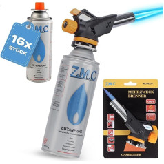 Z.M.C Gas Burner 1.3 kW + 16 x Gas Cartridges 227 g, Flame Burner up to 1300 °C, Bunsen Burner Soldering Torch with Piezo Ignition, Kitchen Burner with Adjustable Flame, Temperature of 1300 °C