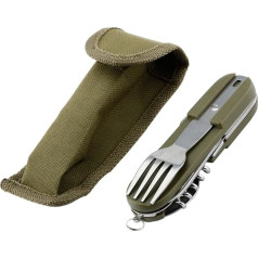 HANSHI 6 in 1 Stainless Steel Folding portable Camping Cutlery Tool Detachable Outdoor Travel Eating Utensils Set with Holder Sheath (HGJ35)