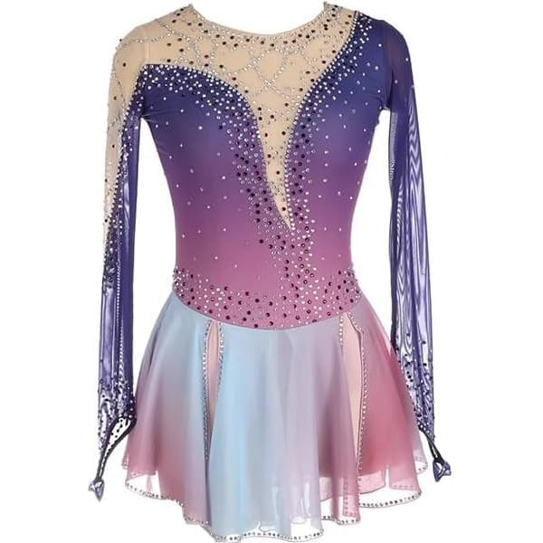 PONNYC Ice Skating Skirt with Colour Gradient Figure Skating Clothing for Girls Rhythmic Sports Gymnastics Jerseys with Shiny Rhinestones Team Sports Competition Clothing