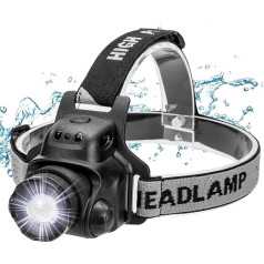 Ezfull LED Head Torch with Gesture Sensor Function USB Waterproof Rechargeable Headlight, 4 Brightnesses, 90° Adjustable, Adjustable Strap and USB Cable, Focus Adjustable