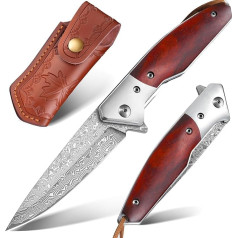 Dragon Creek Damask Folding Knife EDC Pocket Knife with Damascus Steel Blade Beautiful Leather Knife Sheath - Damascus Knife for Outdoor Survival Collection Gift