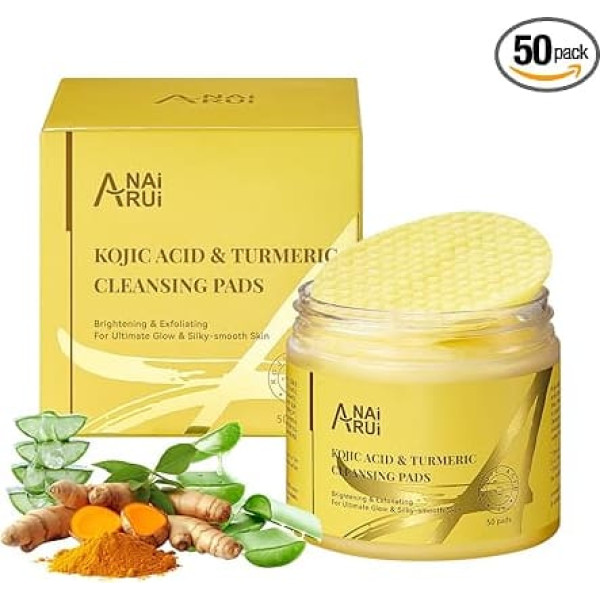 ANAiRUi Kojic Acid Turmeric Cleansing Pads for Face, Turmeric Exfoliating Pads with Niacinamide, Salicylate, Facial Cleansing Care for Thorough Cleansing, Reducing Acne, 50 Pieces