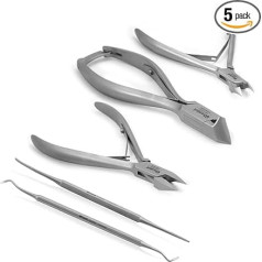 Blizzard Podiatry Instruments Set of 5 - Pointed and Rounded Nail Clippers, Corner Pliers, Corner File and Corner Lifter for Hard and Ingrown Nails - Made in Germany, Medical Use