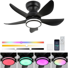 30 Inch Ceiling Fan with Lighting RGB Dimmable Ceiling Light with Remote Control and App 6 Speeds Lamp with Fan Timer Black Ceiling Fans Bedroom Living Room Light