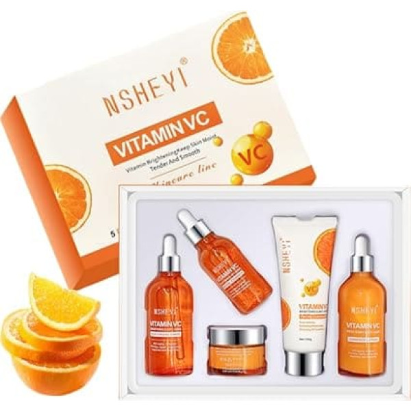 5 Piece Vitamin C Skin Care Set for Women, Beauty Skin Care, Moisturising Face Travel Size Set with Facial Cleanser, Face Serum, Face Cream, Toner and Lotion, Anti-Aging Skin