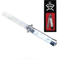 Folding Stainless Steel Switch Blade Comb (White) - Push Button - Mr Sweeney Todd Flick Comb/Display Box
