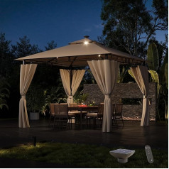 Devoko Gazebo 3 x 3 m Waterproof Stable Winterproof with LED Lighting, UV Protection 50+ Double Roof Party Tent Garden Tent for Festivals, Events, Parties for 4-6 People, Beige