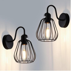 TYhogar Pack of 2 Vintage Wall Lamps, E27 Iron Cage Lampshade, Industrial Wall Lamp, 17 cm, Indoor Wall Light for Living Room, Stairs, Hallway, Bedroom, Black (Without Bulb)