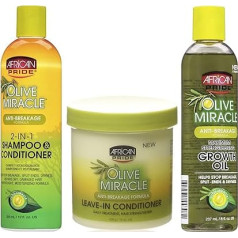 African Pride Olive Miracle | Set of 3 | Against Hair Breakage | 2-in-1 Shampoo and Conditioner | Leave-In Conditioner | Growth Promoting Hair Oil for Maximum Strengthened Hair