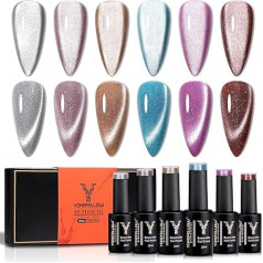 YOKEFELLOW Semi Permanent Magnetic Nail Polish 9D Holographic Sequins Cat Eyes Soak Off UV/LED Semi Permanent Gel Nail Polish 10ml 6 Colors