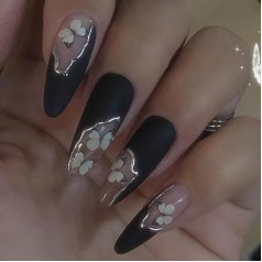 Coffin False Nails Short Fake Nails Red Ballerina Glossy Stick On Nails Oval Full Cover Press On Nails 24 Pieces for Women and Girls, with Solid Glue, Nail Lamp, (Black)