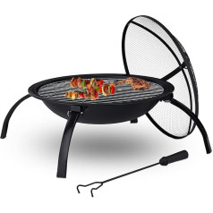 Relaxdays Fire Bowl, Spark Protection, Grill & Wooden Grate, Poker, Garden & Patio, Diameter 55.5 cm, Fire Basket, Black