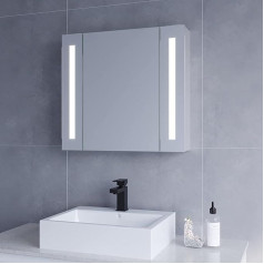 Aquabatos Bathroom Cabinet with Mirror 65 x 60 x 13 cm (W x H x D) Aluminium Bathroom Mirror Cabinet with LED Lighting Infrared IR Sensor Dimmable Anti-Fog Anti-Fog Cool White Light Socket CE IP44