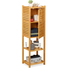 Relaxdays Bamboo Bathroom Shelf, 5 Shelves with Door, Free Standing, Bathroom & Kitchen, Narrow Bathroom Furniture, H x W x D: 113 x 35 x 29 cm, natural, 1 piece.