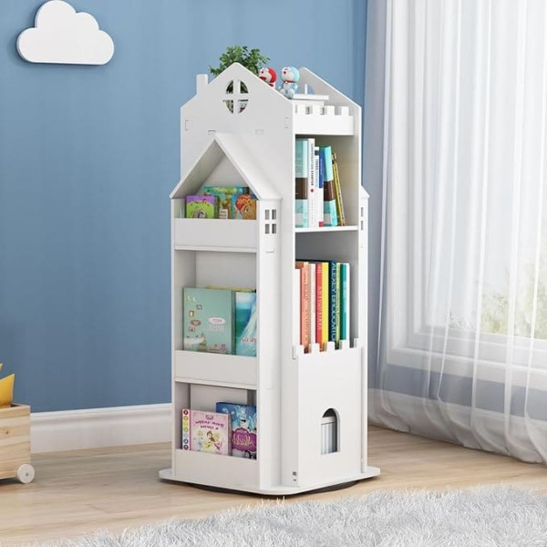 Mosegor Rotating Bookcase for Kids, 3 Tier Rotating Bookcase 360° Rotating Wooden Floor Rotating Bookcase Rotating Multifunctional Organizer for Home Playroom Living Room