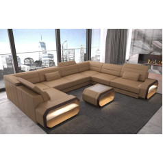 Sofa Dreams Wohnlandschaft Verona Leather Sofa, U-Shape Sofa with LED Lighting, Adjustable Headrests, Leather Colours Selectable, Orientation Selectable (Long Side Right, Sand Beige/Dark Brown)