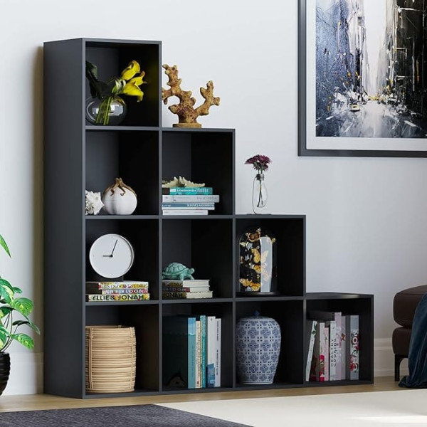 Vida Designs Durham Stair Shelf Bookcase Shelves Storage Organiser Living Room Furniture (10 Cubes, Black)