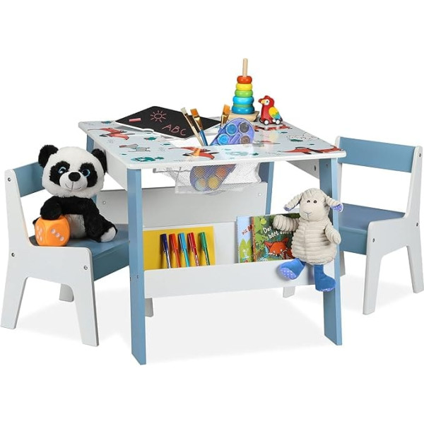 Relaxdays Children's Seating Set, Dog Motif, Children's Table Set, 2 Chairs, Child Seat Combination, with Storage Space & Board, Colourful, Light Blue, White, Black