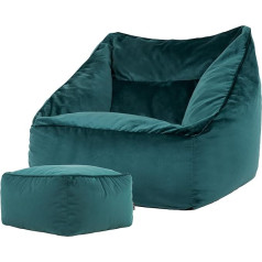 Icon Natalia Bean Bag Chair with Stool for Adults, Teal, Fluffy Velvet Fabric, Giant Velvet Bean Bag with Filling, Bean Bag Chair, Comfortable Chair for Living Room, Lounge, Bedroom, Office
