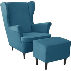 ‎Jhld JHLD Velvet Stretch Cover for Wing Chair with Ottoman Protective Cover, Cover for Wing Chair, Ottoman Cover, Pack of 3, Soft Wing Chair Protective Cover, Removable, Washable, Peacock Blue, Pack of 3