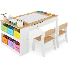 Dreamade 3-in-1 Children's Table with 2 Wooden Chairs, Children's Painting Table with Tilting Table Top & 6 Fabric Boxes & 5 Painting Containers & Paper Roll, Children's Seating Set with Storage Space