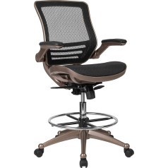 Flash Furniture Drafting Chair Medium Back Clear Mesh with Melrose Gold Frame and Folding Armrests, Metal, Black, 28