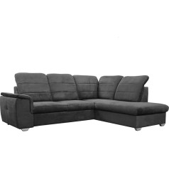 Mars Meble Bergamo L-Shape Corner Sofa Made of Velour Stylish Corner with Sleep Function and Bed Box Upholstered Corner with Adjustable Headrests, Fabric: Viton 203 - Dark Grey, Ottoman: Right