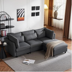 Drixno Sofa Couch L Shape with Sleep Function, 3-Seater Sofa, Living Room Sofa with Chaise Longue, Corner Sofa with Footrest, Youth Sofa, Dark Grey