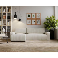 Kaiser Möbel , Corner Sofa with Sleep Function, with Bed Box, Sofa Bed Argon, Designer Sofa, Modern Design Couch, Upholstered Corner, Freestanding, Zoom Fabric, Thick Corduroy, Ecru Ottoman, Left