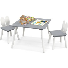 Costway Children's Table with 2 Chairs, 3-Piece Children's Seating Set with Solid Wood Legs and Rabbit Ears Backrest, Square Play Table, Children's Furniture Children's Seat Set for 3-6 Years Children