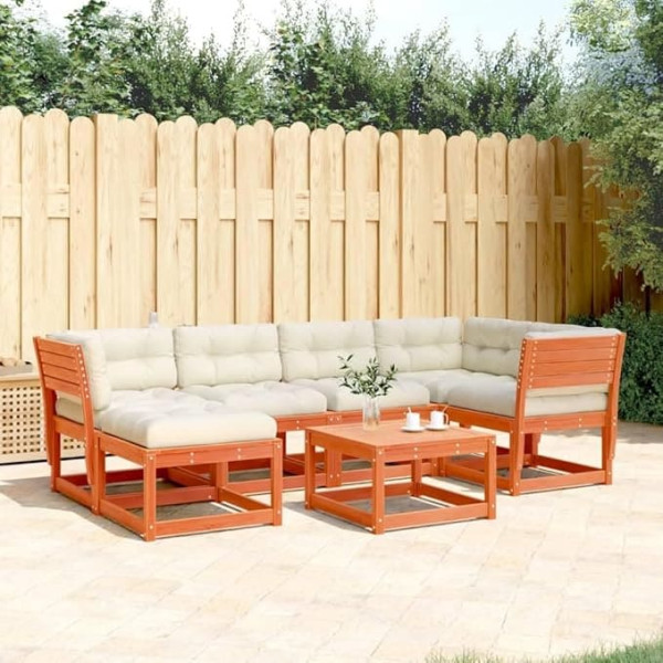 Homgoday Gartensofa-Set 6-teilig mit braunen Kissen, Wachs, Massivholz, Kiefer, Outdoor-Sofas für den Garten, Gartenmöbel-Set für den Außenbereich,