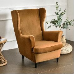 Highdi 2-Piece Wing Chair Cover, Plain Velvet Armchair Throws, Wing Chair Protective Covers, Elastic Tiger Chair Cover with Armrest, High Backrest, Universal (Camel)