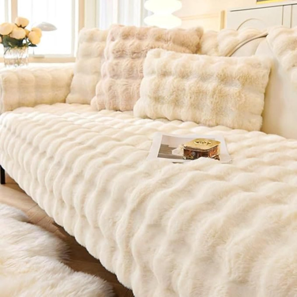 ‎Bettschlange Rabbit Plush Sofa Cover L Shape 1 2 3 4 Seater Sofa Cover Corner Sofa U Shape 2023 Universal Non-Slip Sofa Protector, Super Soft Sofa Throw Made of Faux Fur for Living Room
