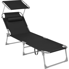 SONGMICS GCB192B01 Sun Lounger, Folding Deck Chair, 193 x 53 x 29.5 cm, Recliner with Headrest, Backrest and Parasol, Tilting, Foldable, 150 kg Load Capacity, for Gardens, Black