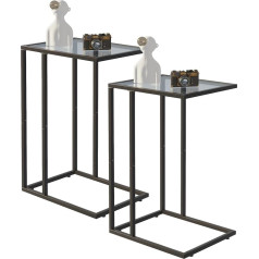 Huhote C-Shaped Side Table, Set of 2, Glass Side Table for Couch, Sofa Table with Metal Frame, Coffee Table for Living Room, Bedroom, Bedside Table, Black