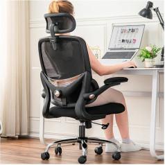 TONFARY Ergonomic Office Chair for Home, High Mesh Back, with Adjustable Lumbar Support, Folding Armrests, Removable Headrest, Rotating Gaming Chair, Space Saving, 150 kg (Black)