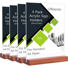URbantin A4 Stand Acrylic Table Stand, Pack of 4 T-Stands, Advertising Stand, T-Stand, Double-Sided Sign Holder for Restaurant, Hotel, Documents, Office, Shop (Wooden Base)