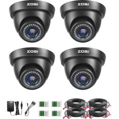 ZOSI 4 x Full HD 1080p Dome Video Surveillance Camera Set with Cable and Power Supply, 2MP TVI Video Output, 20 m IR Night Vision, Black