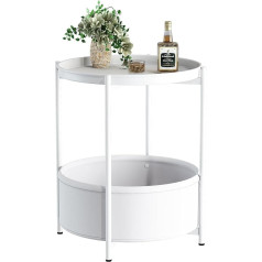 Side Table, Round Side Table with Fabric Basket, Small Bedside Table, Sofa Table for Living Room, Bedroom, Bathroom, Balcony, Modern Style (White)