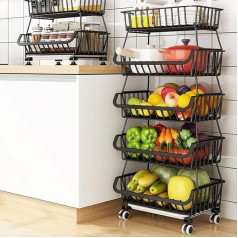 CarolynDesign Kitchen Storage Baskets Black Iron Wire Storage Baskets with Wheels and Feet Stackable Vegetable Storage Baskets (5-Tier Baskets)