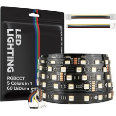 SEZO 5050 RGBCCT LED Strip Lights 5 in 1 RGB + Warm White 3000K-6000K 24V 5M 60LEDs/M IP30 Non-Waterproof RGBW RGBWW Super Bright LED Strip for Lighting at Home and Bedroom