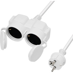 XUANSHI Outdoor Extension Cable 1.4 m with 2 Schuko Sockets, Double Extension Power Cable IP44 for Outdoor Use, 1.5 mm² Rubber Cable Outside - 2-Way Splitter with Protective Cap 3500 W - White