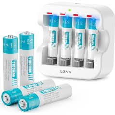 czvv Rechargeable Batteries AAA Lithium 1.5 V - High Capacity 1100 mWh - 1300 Charging Cycles - Pack of 8 Batteries with Charger, 2 Hours Quick Charge, Constant Output, Low Self-Discharge